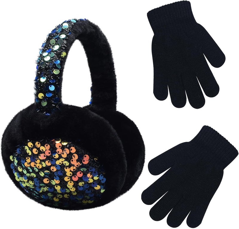 EDCYF Ear Muffs Gloves Set for Kids Girls Winter Ear Muffs Adjustable Sequins Warm Earmuffs Furry Outdoor - Image 1